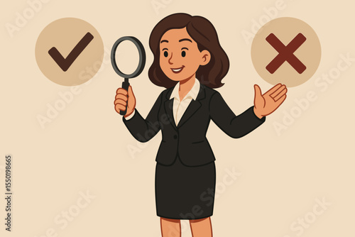 Businesswoman holding magnifying glass, choosing between correct and incorrect, decision making, verification, fact checking, analysis, accuracy, honesty, critical thinking, vector illustration