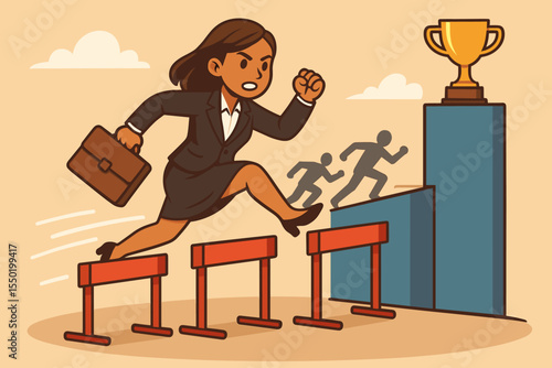 Determined businesswoman jumping hurdles with briefcase, overcoming obstacles, persistence, leadership, competition, striving for success and victory, career achievement concept vector illustration
