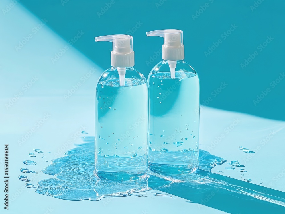Obraz premium Two clear plastic bottles of hand sanitizer on a teal background