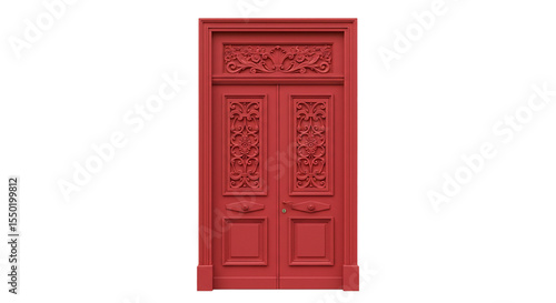 classic red door with ornate trim on a white background 