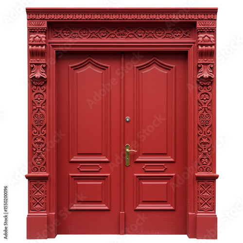 classic red door with ornate trim on a white background 