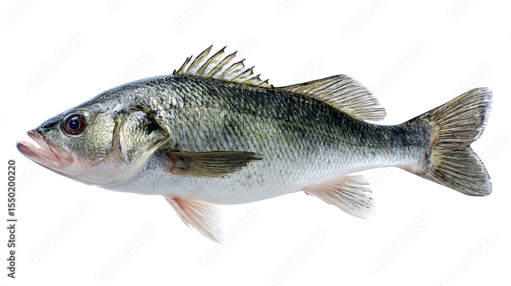 Fototapeta premium Whole raw European sea bass fish (side view), isolated on a clean white background,