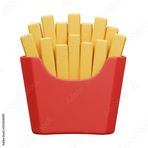 3d crispy french fries in a red paper container on a white background 