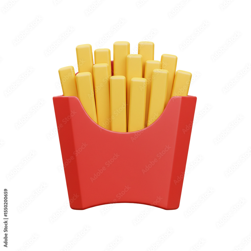 3d crispy french fries in a red paper container on a white background 3d crispy french fries in a red paper container on a white background
