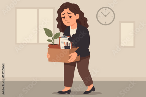 Unemployed businesswoman carrying office box after layoff. Sad female worker leaves job with belongings, plant, supplies. Vector illustration. Workplace termination, job loss, career crisis concept