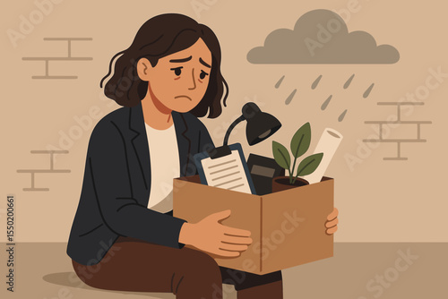 Unemployed businesswoman sitting with box of office belongings after losing job, layoff or termination, concept of job loss, stress, unemployment, career crisis, depression, vector illustration