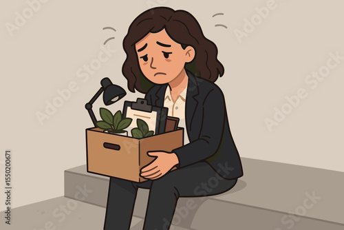 Unemployed businesswoman holding box of office belongings after layoff. Concept of job loss, career setback, unemployment, stress, and emotional struggle. Vector cartoon illustration, workplace crisis