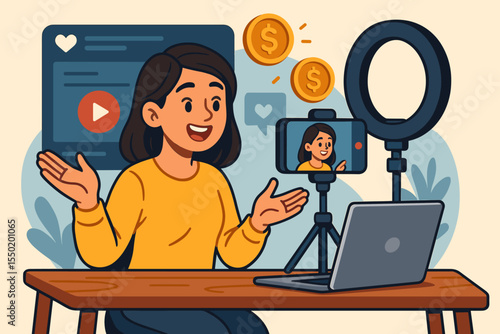 Passive Income Social Media Influencer Creating Engaging Video Content Earning Money Online with Smartphone Ring Light Laptop Livestream Broadcast Monetization Vector Illustration