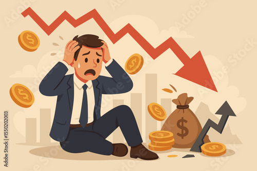 Worried Businessman Financial Crisis, Stock Market Crash, Money Loss, Falling Arrow, Investment Risk, Economic Recession, Stress, Bankruptcy, Cartoon Vector Illustration
