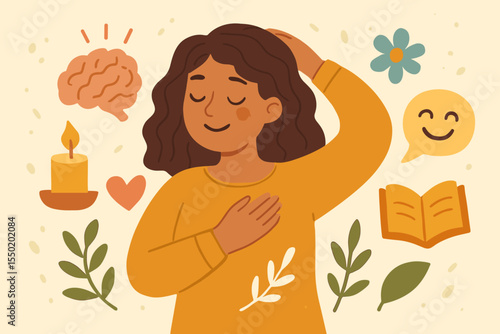 Woman Practicing Self Care for Mental Health Wellbeing. Mindfulness, Relaxation, Positive Psychology Tips to Reduce Stress and Anxiety. Meditation, Wellness Lifestyle Vector Illustration