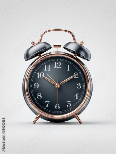 Classic Black Twin Bell Alarm Clock on White Background
