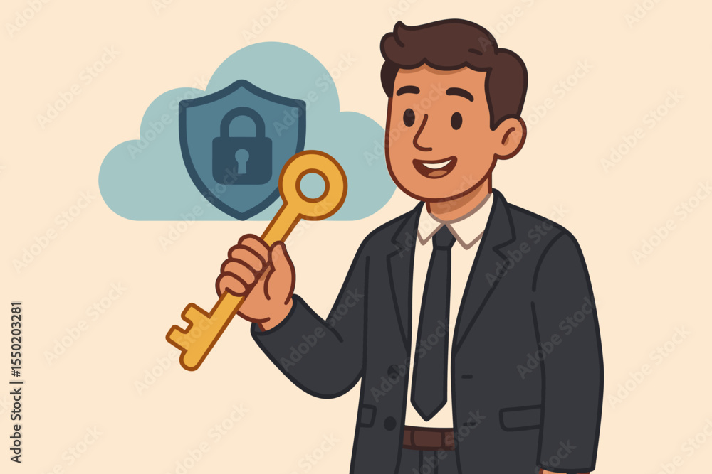 Businessman Holding Golden Key Cloud Security Data Protection Vector Illustration. Cybersecurity Access Control, Digital Privacy, Secure Cloud Storage, Unlock Safety Solution, Shield Lock Symbol Businessman Holding Golden Key Cloud Security Data Protection Vector Illustration. Cybersecurity Access Control, Digital Privacy, Secure Cloud Storage, Unlock Safety Solution, Shield Lock Symbol