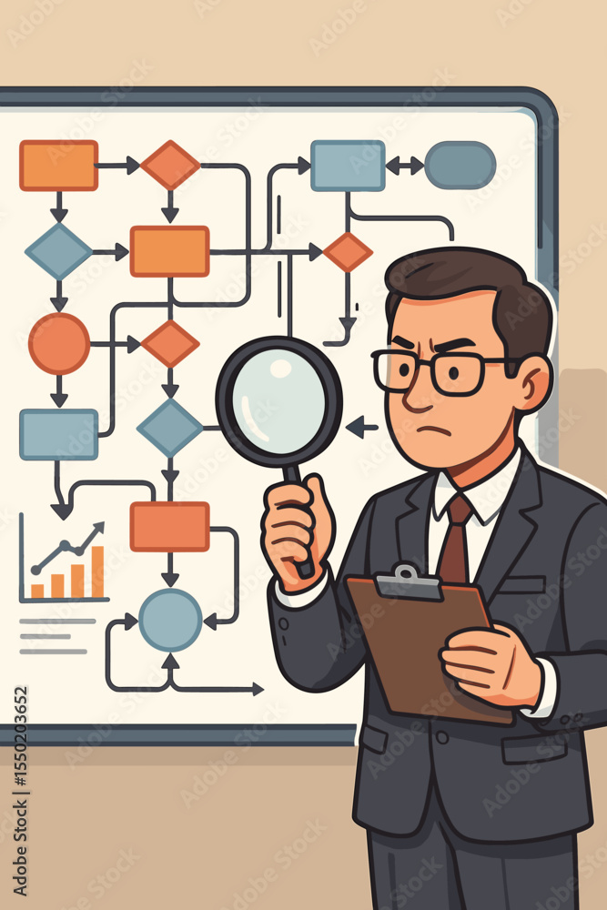 Business executive analyzing complex data flow chart, process mapping, workflow optimization, project management research, business analysis, strategy planning, cartoon vector illustration Business executive analyzing complex data flow chart, process mapping, workflow optimization, project management research, business analysis, strategy planning, cartoon vector illustration
