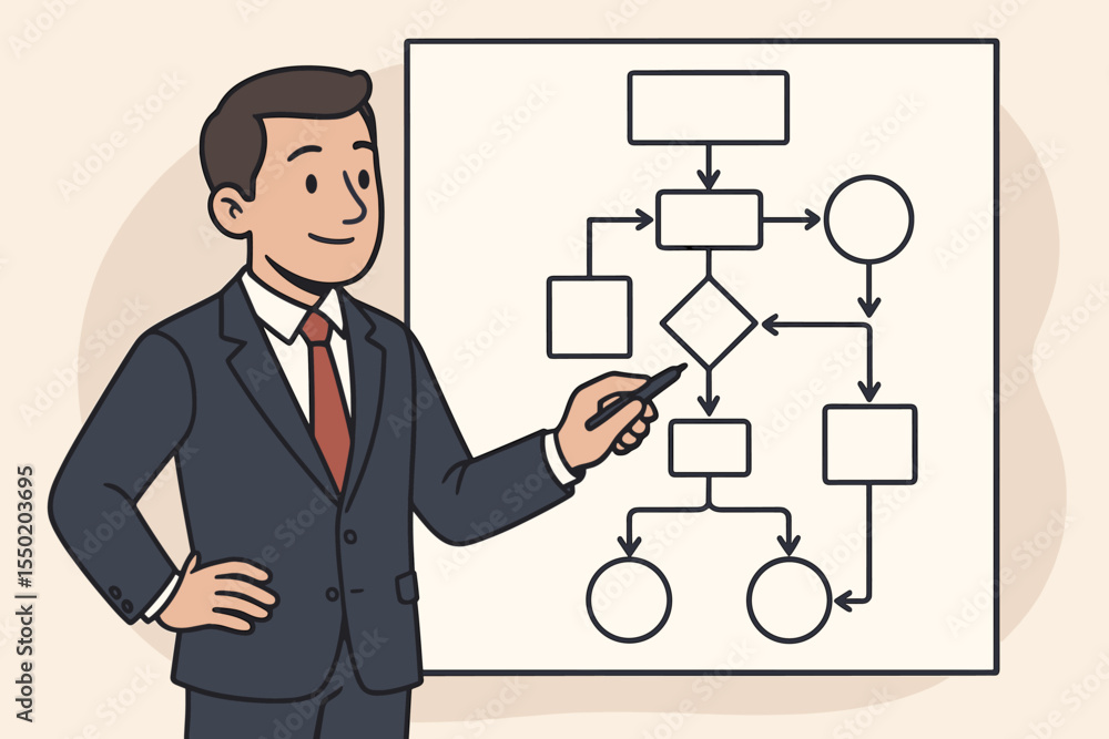 Businessman Presenting Workflow Diagram, Analyzing Project Flowchart, Process Mapping, Corporate Planning, Strategic Management, System Optimization, Vector Cartoon Illustration, No Text Businessman Presenting Workflow Diagram, Analyzing Project Flowchart, Process Mapping, Corporate Planning, Strategic Management, System Optimization, Vector Cartoon Illustration, No Text