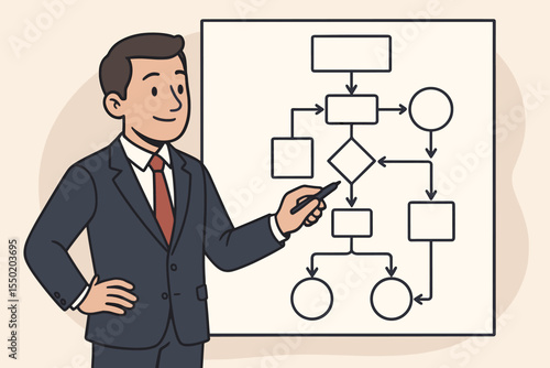 Businessman Presenting Workflow Diagram, Analyzing Project Flowchart, Process Mapping, Corporate Planning, Strategic Management, System Optimization, Vector Cartoon Illustration, No Text