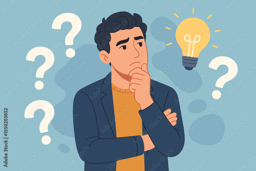 Thoughtful man pondering questions lightbulb idea innovation creative thinking problem solving concept business decision making brainstorm vector illustration curiosity seeking answers Thoughtful man pondering questions lightbulb idea innovation creative thinking problem solving concept business decision making brainstorm vector illustration curiosity seeking answers