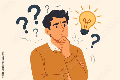 Thoughtful man pondering surrounded by question marks and creative light bulb. Problem solving, brainstorming, decision making, inspiration, finding solutions, vector cartoon illustration concept