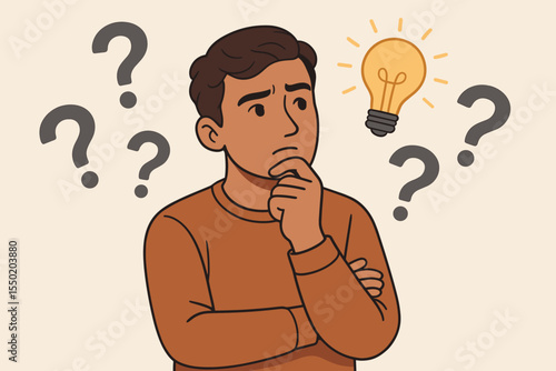 Thoughtful man surrounded by question marks conceptualizing creative solutions and ideas, mental problem solving, decision making, brainstorming, innovative thinking, vector cartoon illustration