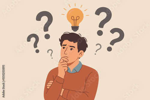 Thoughtful man pondering difficult questions, surrounded by question marks and light bulb symbolizing problem solving, creative ideas, decision making, brainstorming, confusion, and innovation concept