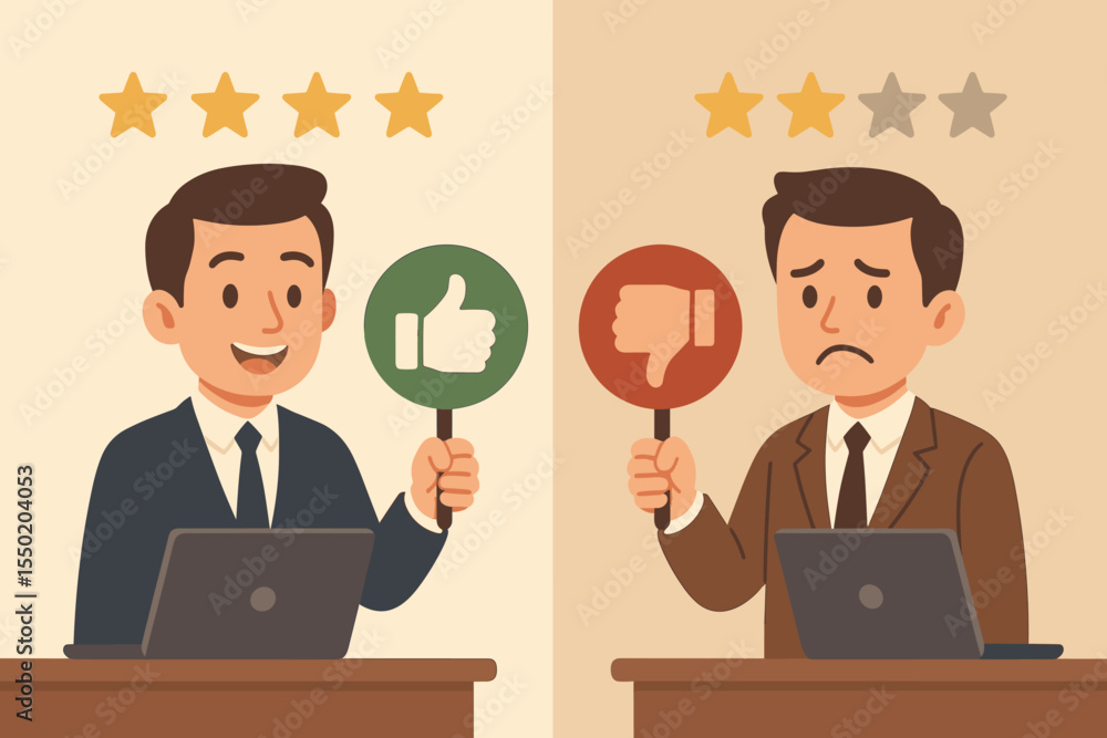 Business Client Feedback Evaluation, Positive and Negative Reactions, Customer Satisfaction, Five Star Rating, Thumbs Up and Down, Performance Review, Office Employees, Vector Illustration Business Client Feedback Evaluation, Positive and Negative Reactions, Customer Satisfaction, Five Star Rating, Thumbs Up and Down, Performance Review, Office Employees, Vector Illustration