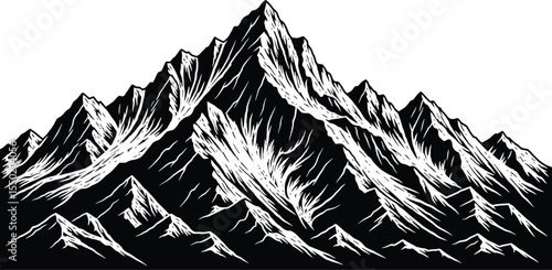 Dramatic black and white illustration of a jagged mountain range against a white background