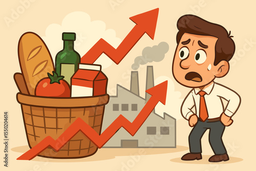 Inflation impact on consumer goods and production costs. Cartoon businessman worried about rising grocery prices, factory expenses, economic crisis, market trends, supply chain disruption