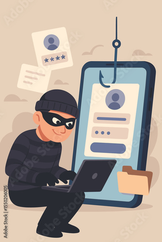 Cybercriminal stealing personal data illustration. Hacker in mask with laptop, phishing attack, password theft, identity fraud, online security breach, mobile phone. Digital cyber crime concept