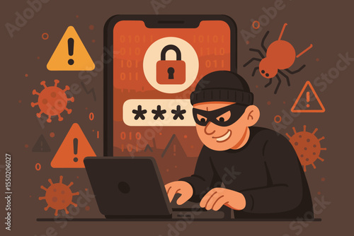 Cybercriminal Hacking Mobile Device, Data Breach, Computer Virus Attack, Phishing, Digital Theft, Cybersecurity Threat Concept, Password Protection, Online Fraud, Warning Symbols Illustration Vector