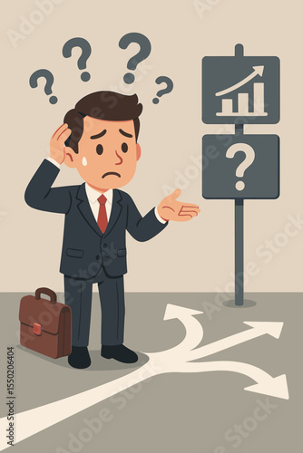 Confused businessman facing career path choices, business decision dilemma, ambiguous goals, professional uncertainty, question marks, growth opportunities, doubt, vector illustration