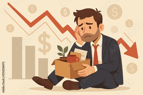 Unemployed businessman sitting with box of personal belongings, financial crisis, job loss, economic recession, market decline, depression, unemployment, cartoon vector illustration