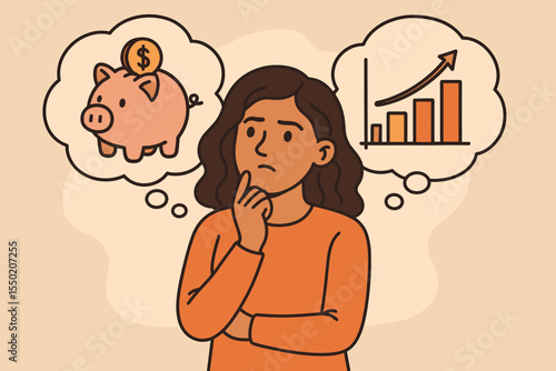 Thoughtful woman deciding between saving money and investing for financial growth. Personal finance decision, piggy bank, investment chart, budgeting, wealth management, future planning concept