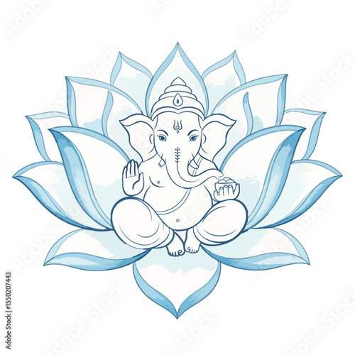 Lord Ganesh Outline Sitting on a Lotus Isolated on Transparent PNG Background- Watercolour Art
