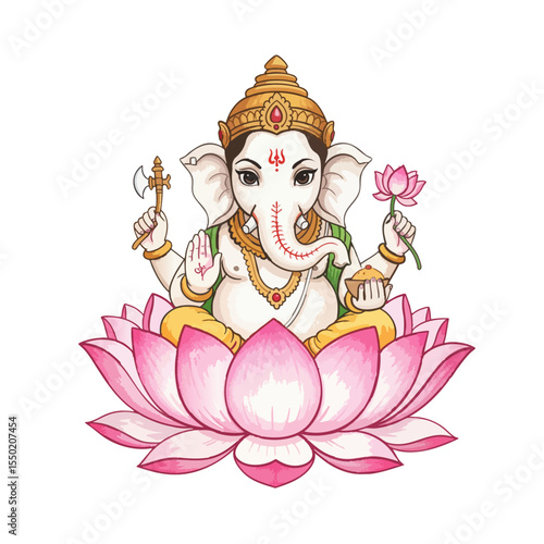 Lord Ganesh Sitting on a Lotus Isolated on Transparent PNG Background- Watercolour Art