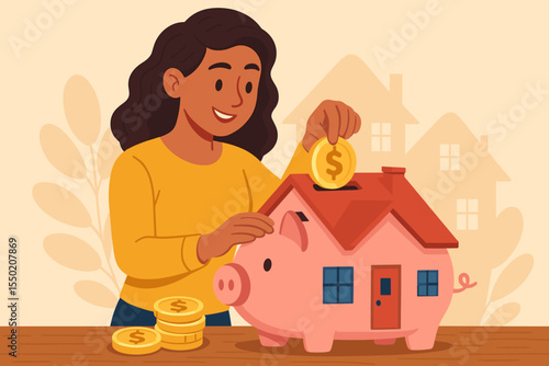 Woman Saving Money in House Shaped Piggy Bank, Real Estate Investment, Homeownership, Financial Planning, Mortgage Savings, Budgeting, Wealth Accumulation, Property Purchase Concept Illustration