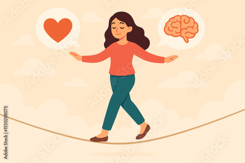 Woman walking on tightrope balancing heart and brain. Emotional balance, mental health harmony, decision making, self control, metaphor stress management, life choices, flat vector illustration
