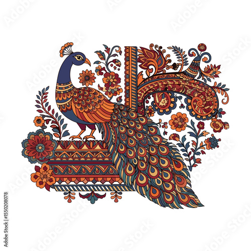 Peacock Pichwai Pattern Isolated on Transparent PNG Background- Watercolour Art