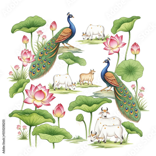 Peacock and Lotus Pichwai Elements Isolated on Transparent PNG Background- Watercolour Art