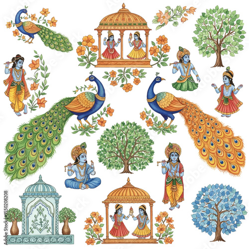 Peacock and Indian God Pichwai Elements Isolated on Transparent PNG Background- Watercolour Art