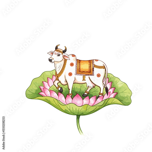 Pichwai Inspired Cow on a Lotus Leaf Isolated on Transparent PNG Background- Watercolour Art