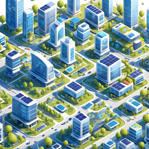Isometric illustration of a smart city with solar panels, EV cars, high-tech buildings, 5G network towers, clean environment, vector style, white background, no text
