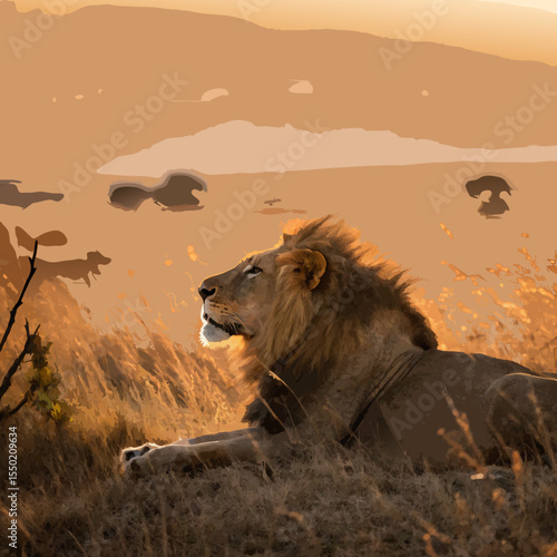 Illustration d’un lion majestueux, couché sur une savane dorée au coucher du soleil, avec sa crinière dense flottant dans le vent.