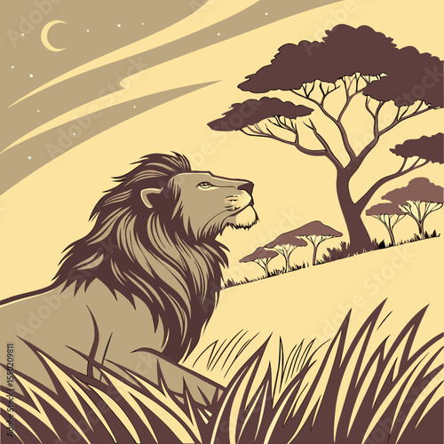 Illustration d’un lion majestueux, couché sur une savane dorée au coucher du soleil, avec sa crinière dense flottant dans le vent.