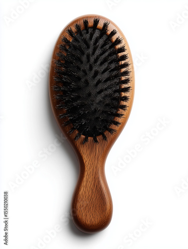 Oval-shaped wooden hairbrush with black bristles

