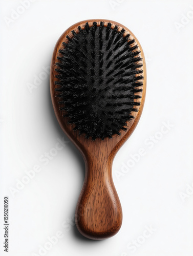 Wooden hairbrush with black bristles on white background
