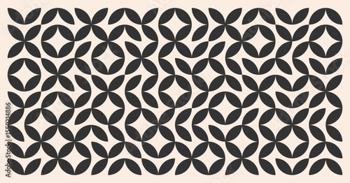 Horizontal abstract black floral geometric pattern in mid-century modern style with elements of Scandinavian minimalism. Swiss summer Posters Set with simple shapes on white background. Vector Eps10