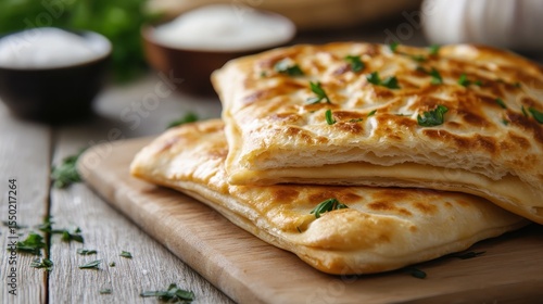 Wallpaper Mural Golden-brown freshly baked bread sits on a wooden board garnished with green herbs, embodying warmth and comfort as it tempts the senses with its inviting aroma. Torontodigital.ca