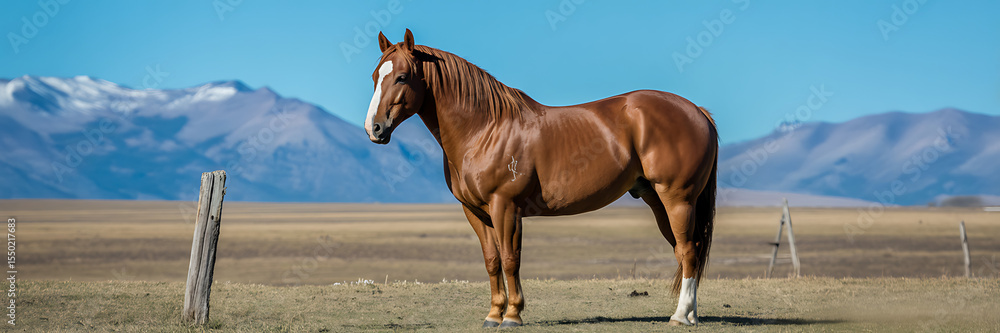 Obraz premium Chestnut Horse in Mountainous Landscape