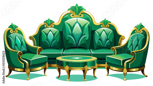 Modern luxury lounge seats in emerald green reflect elegance and tranquility. Isolated on white, the rich velvet upholstery offers classic opulence, perfect for high-end vector scenes or luxury interi