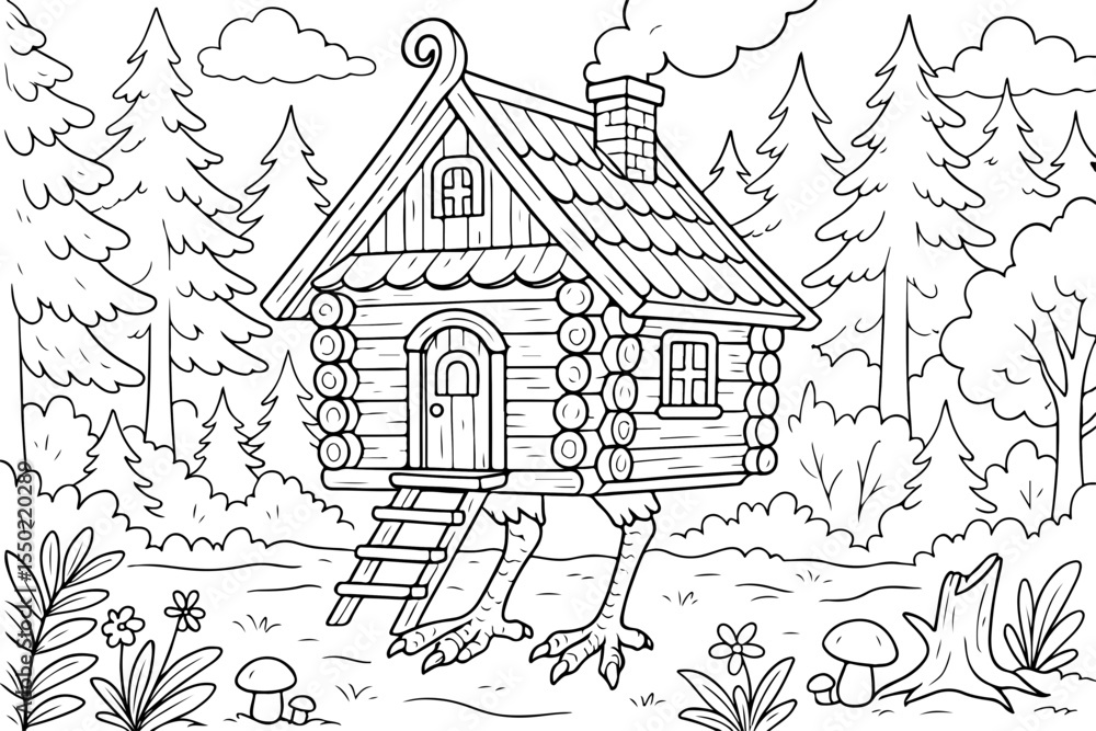 Fototapeta premium Whimsical wooden house with chicken legs in a coloring page style surrounded by forest and plants