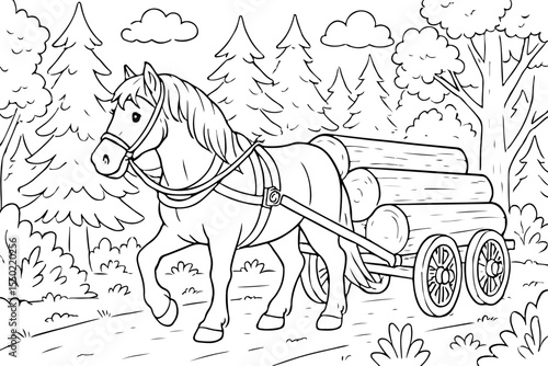 Horse pulling a cart with logs through the forest in a coloring page style with trees in the background